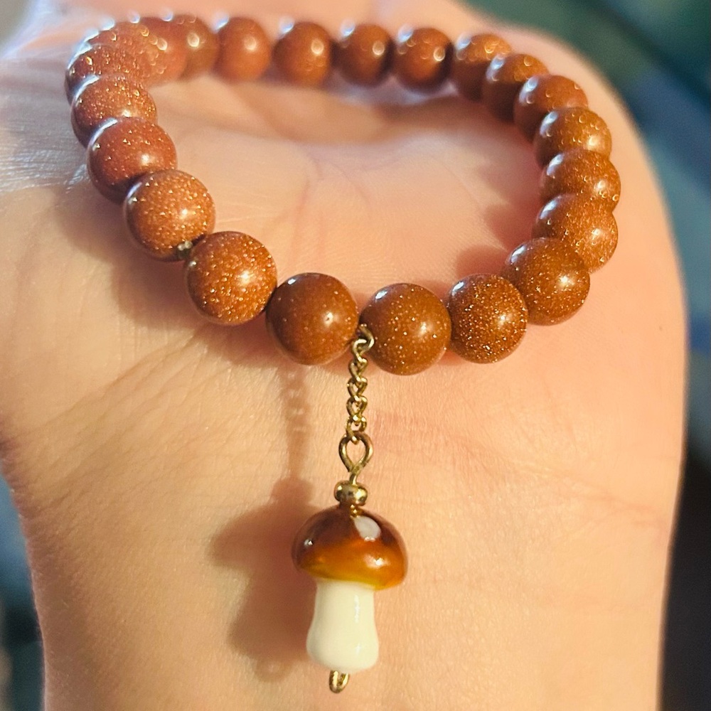 8mm Genuine Sandstone Beaded Stretch Bracelet with Glass Mushroom Charm